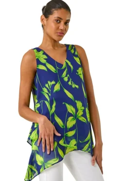 Tops>Roman Navy Floral Print Wrap Overlay Top