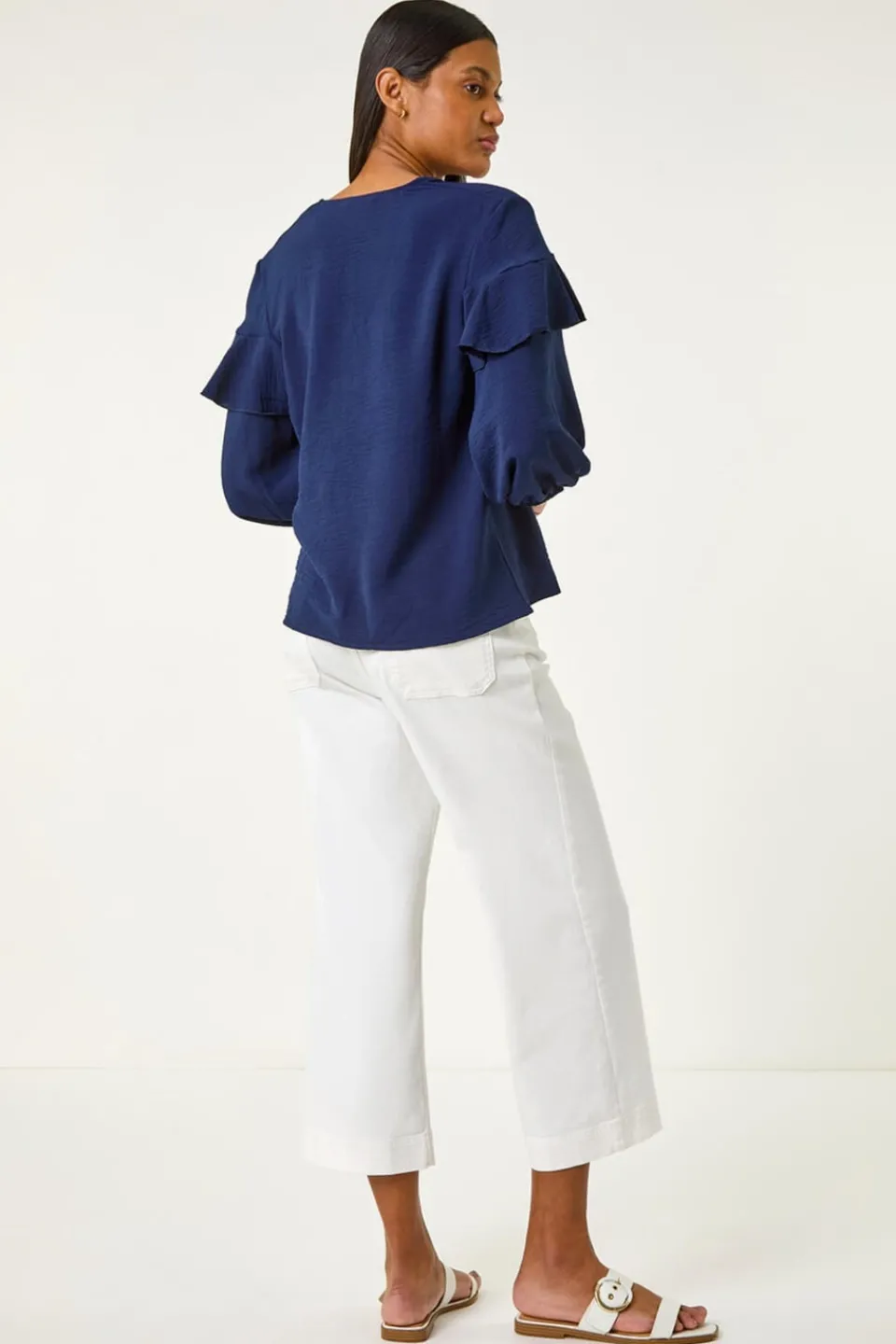 Tops>Roman Navy Frill Front Woven Top