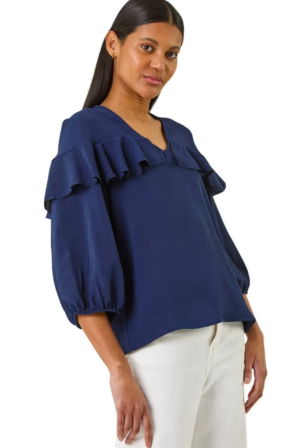Tops>Roman Navy Frill Front Woven Top