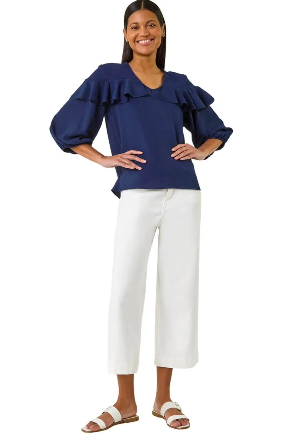 Tops>Roman Navy Frill Front Woven Top