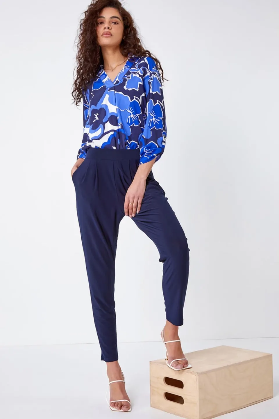 Trousers>Roman Jersey Stretch Elastic Waist Harem Trousers Navy