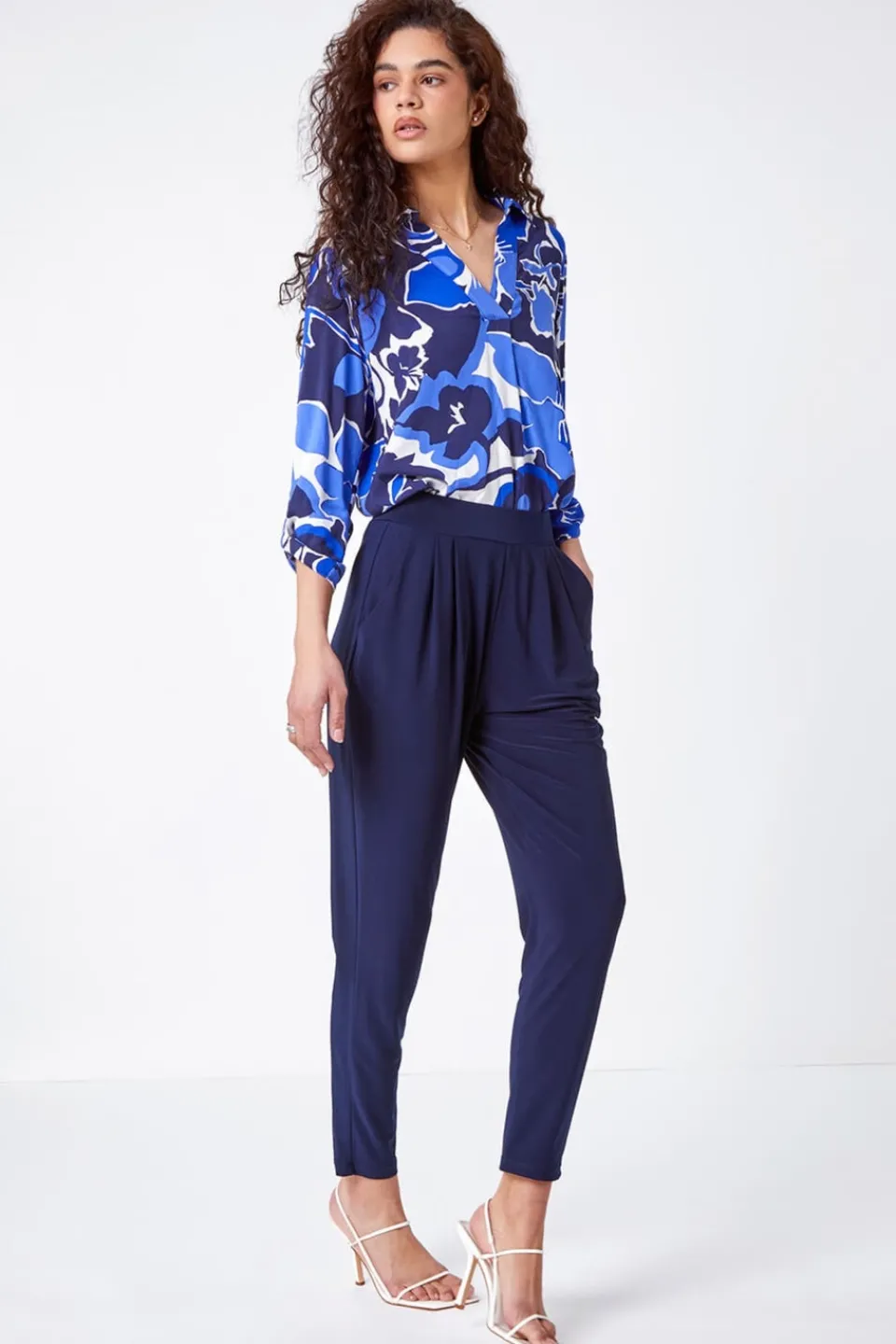Trousers>Roman Jersey Stretch Elastic Waist Harem Trousers Navy