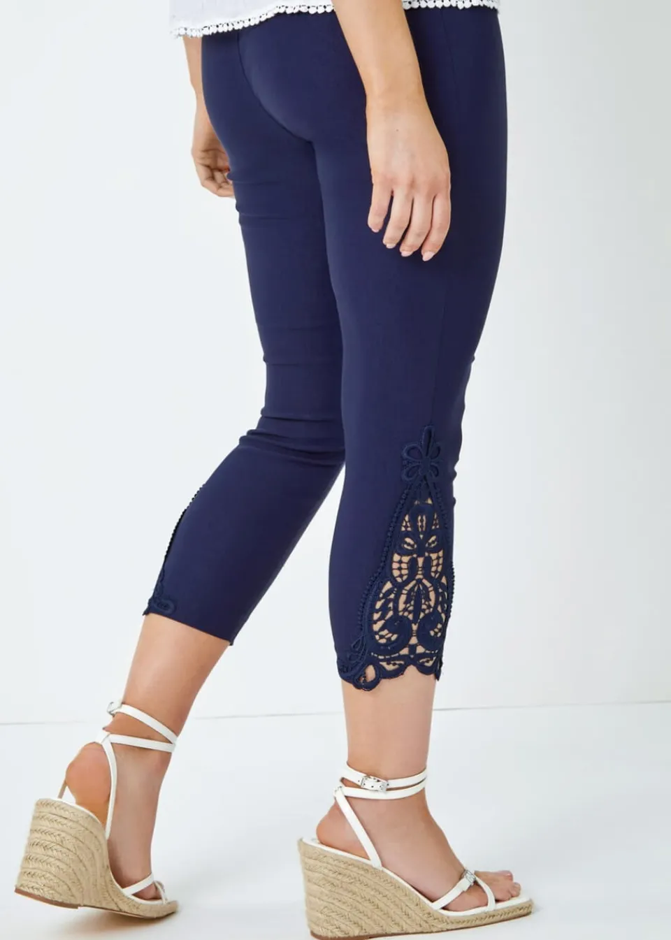 Trousers>Roman Navy Lace Insert Crop Stretch Trousers