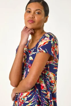 Tops>Roman Navy Leaf Print Hanky Hem Tunic Top