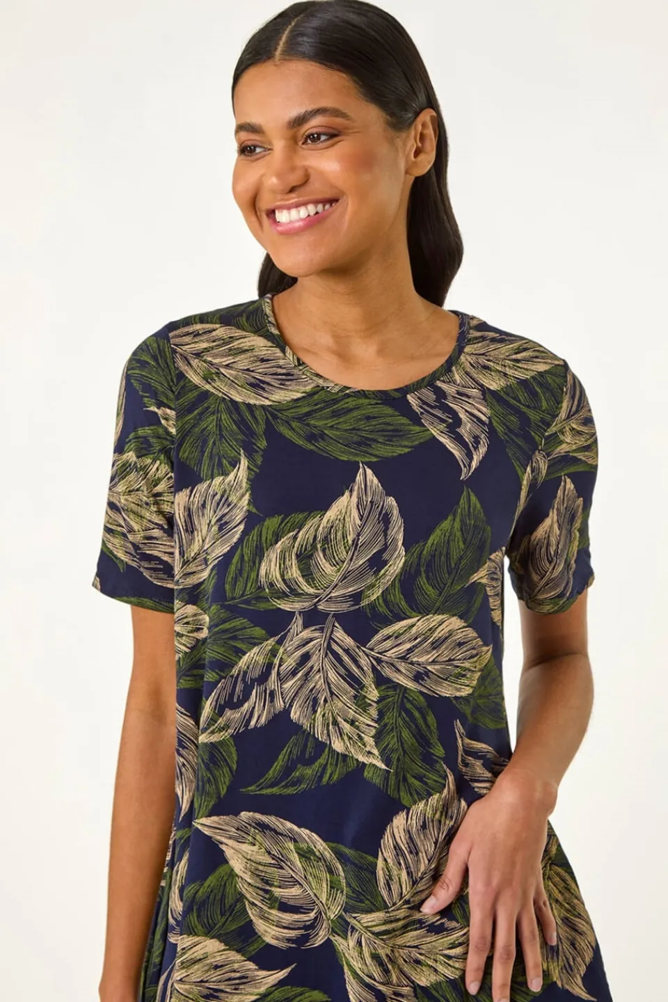 T-Shirts>Roman Navy Leaf Print Hanky Hem Tunic Top