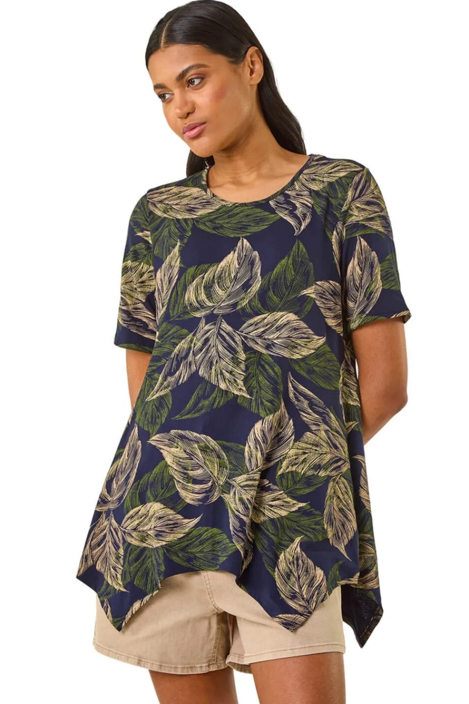 T-Shirts>Roman Navy Leaf Print Hanky Hem Tunic Top