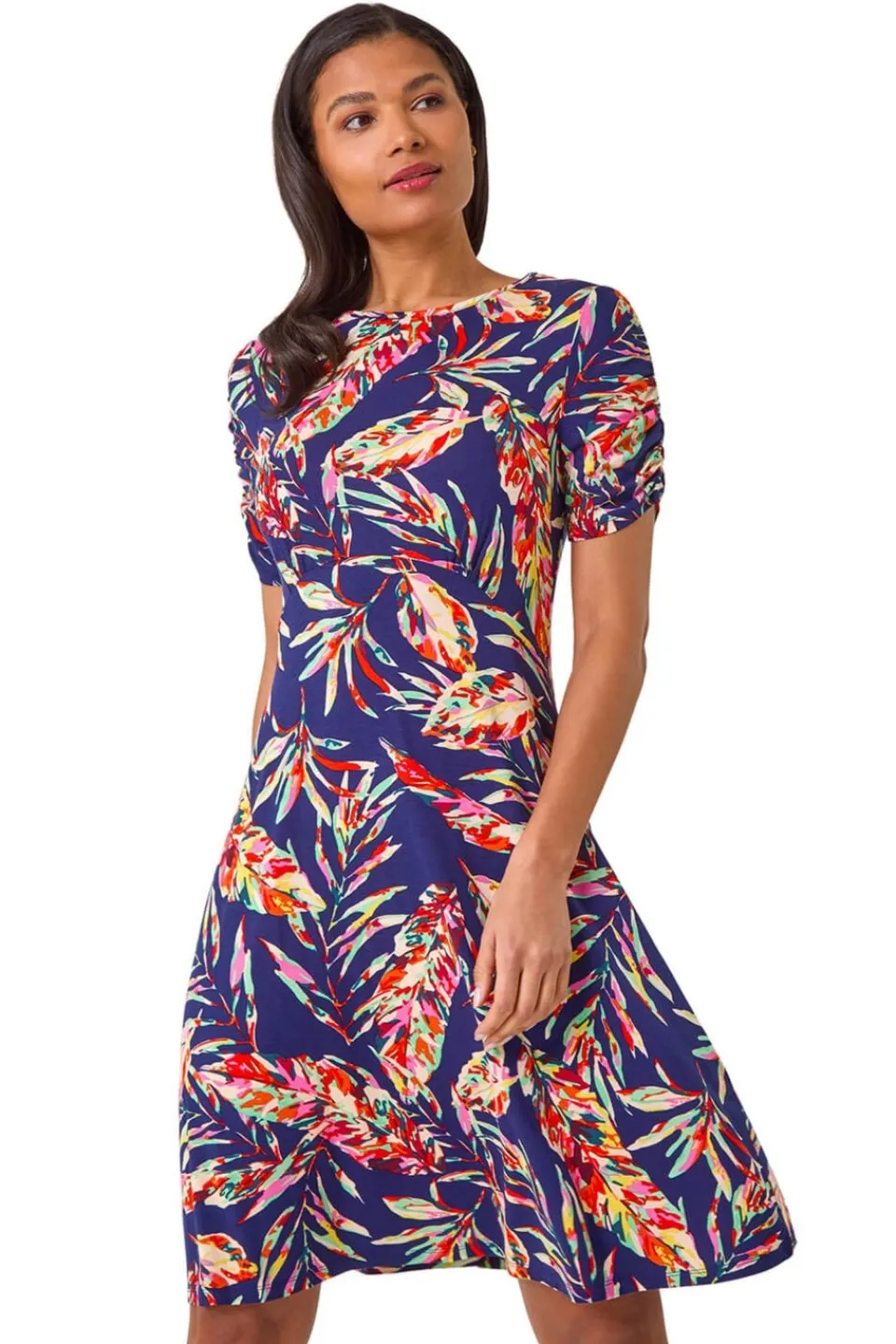 Dresses>Roman Navy Leaf Print Short Dress
