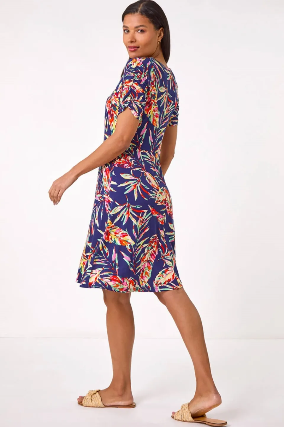 Dresses>Roman Navy Leaf Print Short Dress