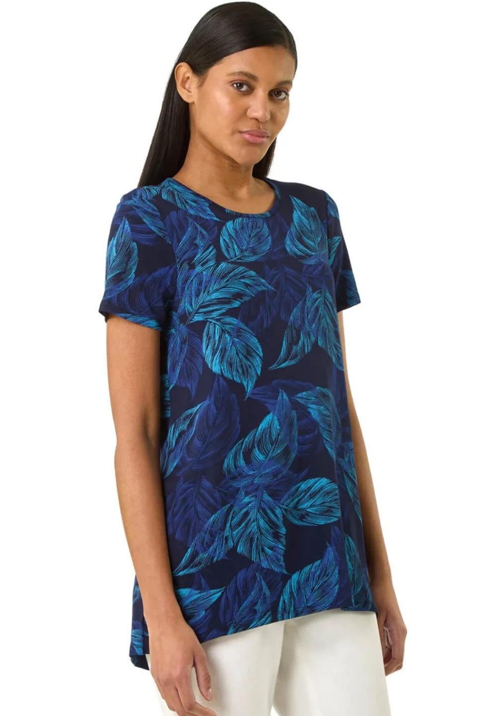 Tops>Roman Navy Leaf Print Stretch Tunic Top