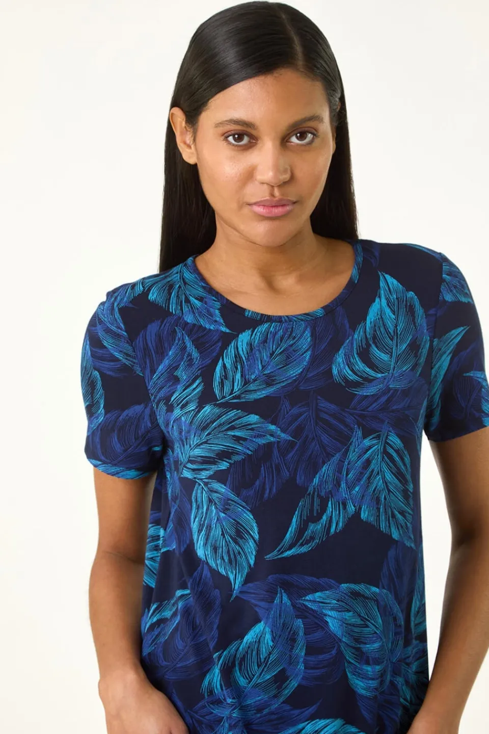 Tops>Roman Navy Leaf Print Stretch Tunic Top