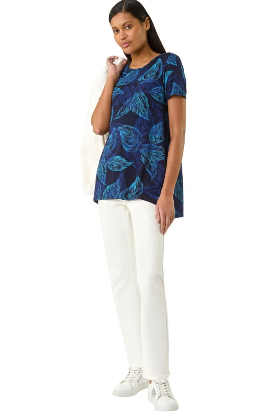 Tops>Roman Navy Leaf Print Stretch Tunic Top