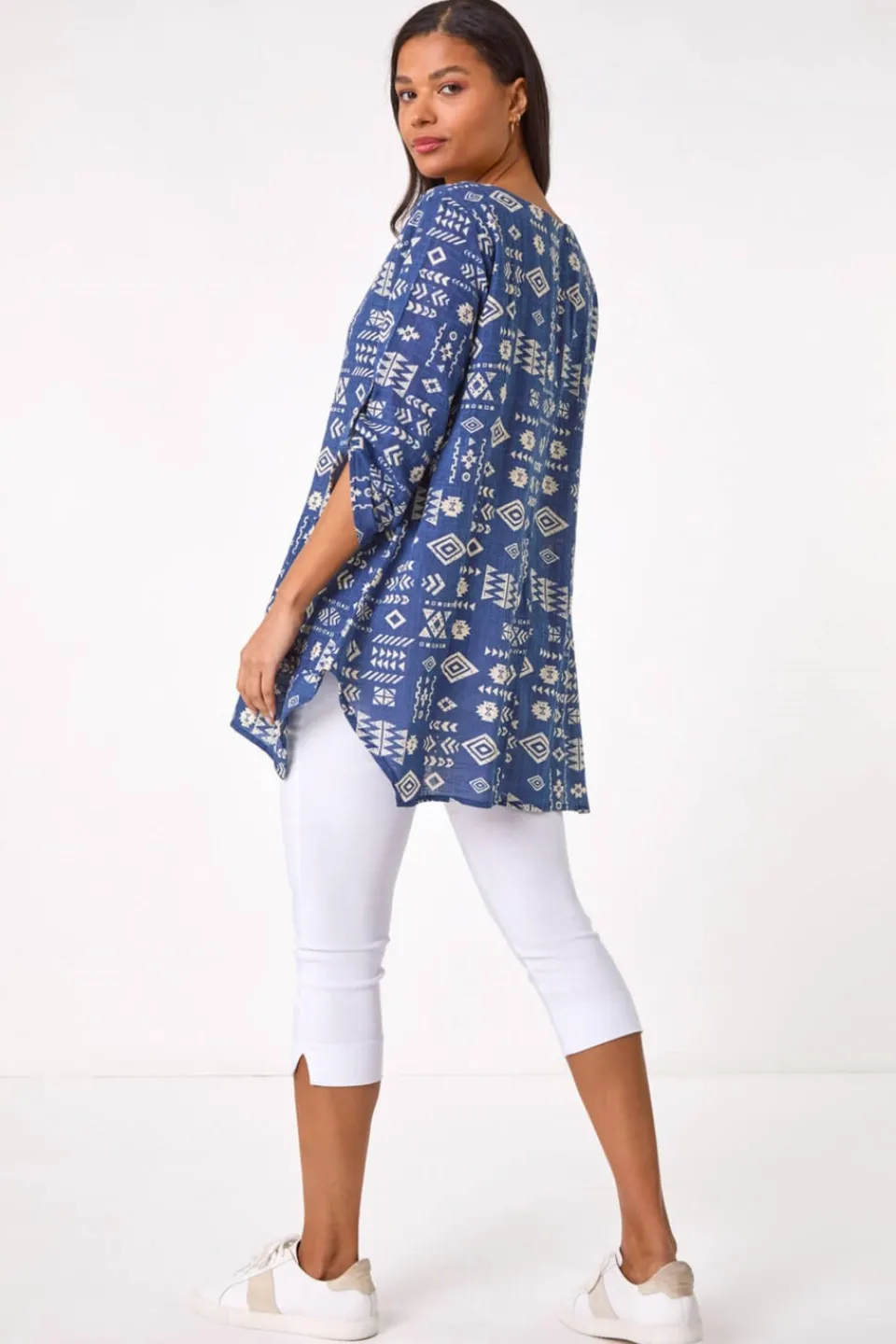 Tops>Roman Navy Longline Print Tunic Top