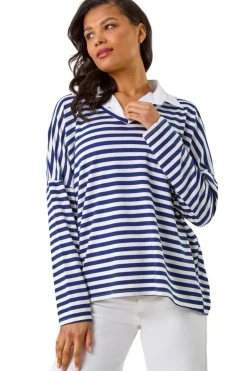 Tops>Roman Navy Mock Shirt Stripe Top