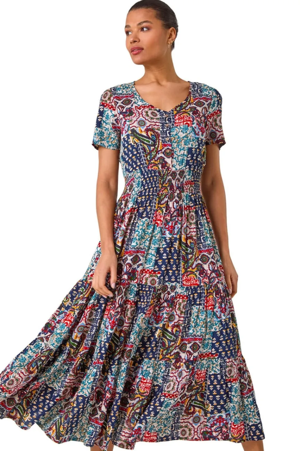 Dresses>Roman Navy Multi Print Maxi Dress