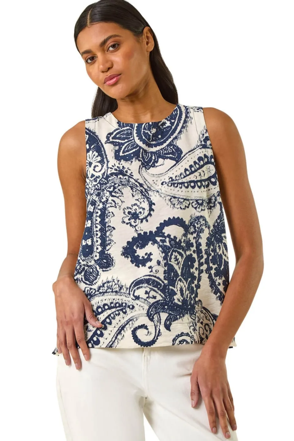 Tops>Roman Navy Paisley Print Shell Top