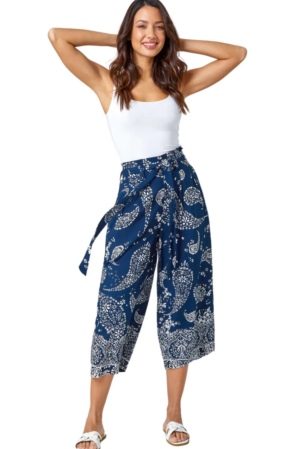 Trousers>Roman Paisley Print Wide Leg Cropped Trousers Navy