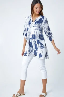 T-Shirts>Roman Palm Print V-Neck Wrap Hem Tunic Top Navy