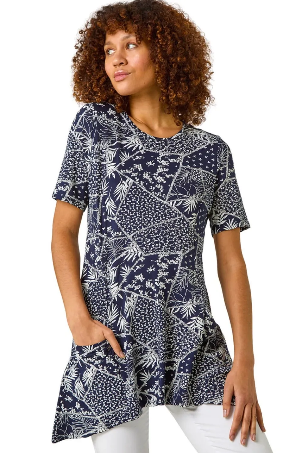 Tops>Roman Navy Patchwork Mono Print Tunic Top