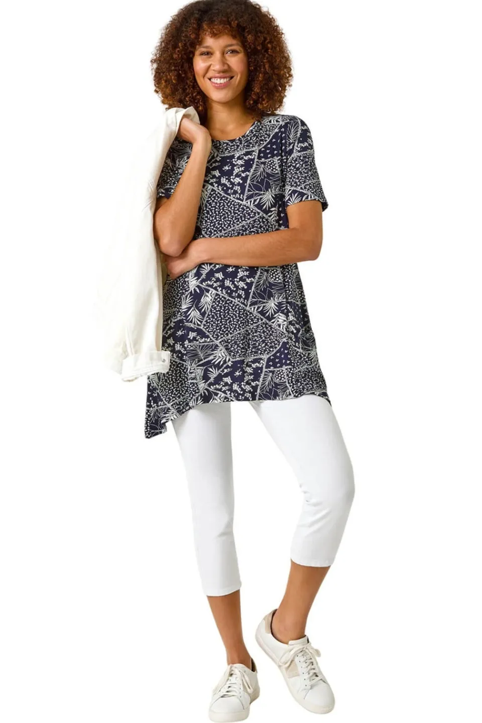 Tops>Roman Navy Patchwork Mono Print Tunic Top