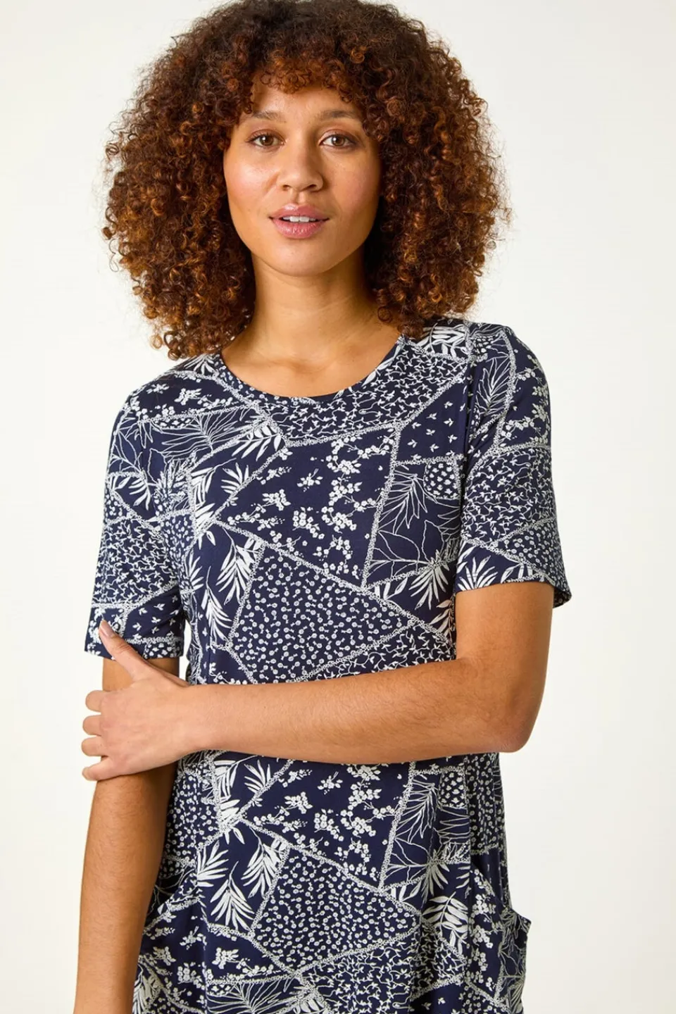 Tops>Roman Navy Patchwork Mono Print Tunic Top
