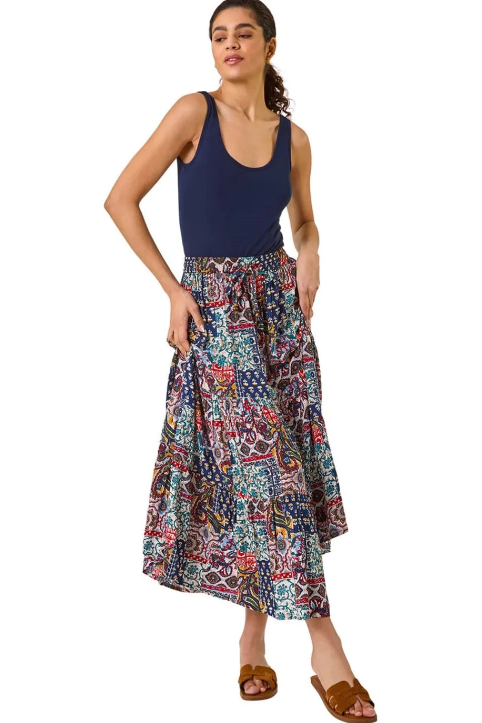 Skirts>Roman Navy Patchwork Tiered Skirt