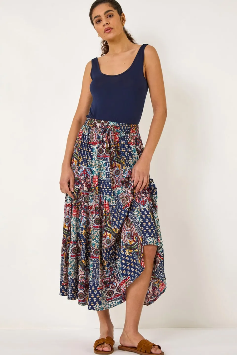Skirts>Roman Navy Patchwork Tiered Skirt