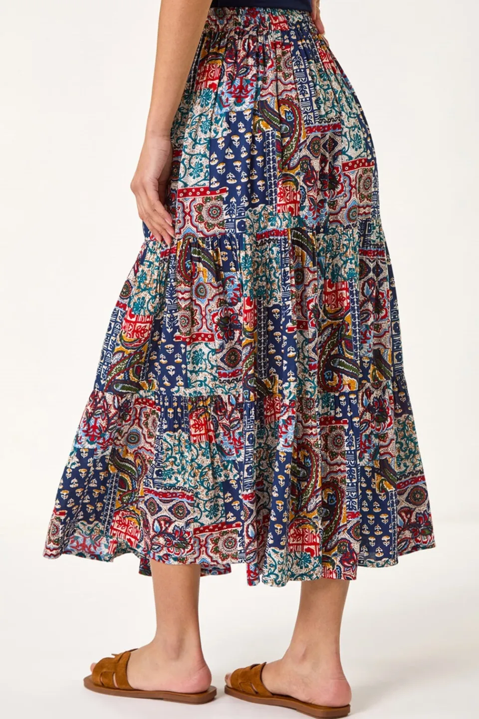 Skirts>Roman Navy Patchwork Tiered Skirt