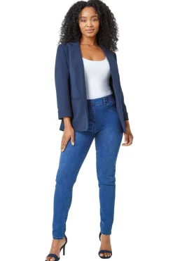 Coats & Jackets>Roman Navy Petite 3/4 Sleeve Classic Stretch Blazer 001FNavy