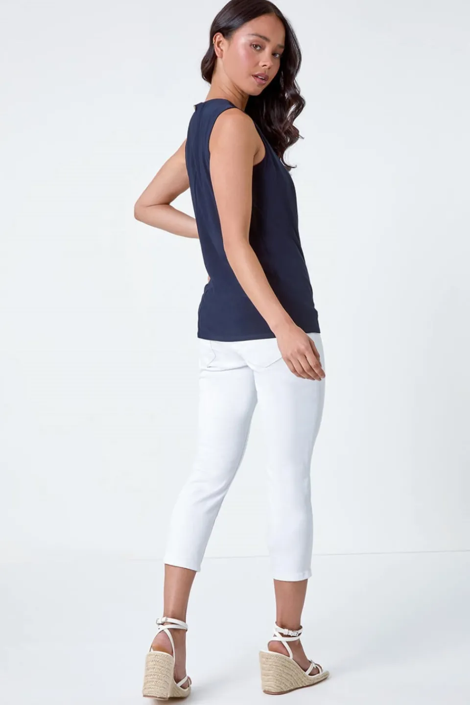 Tops>Roman Navy Petite Chain Trim Stretch Top