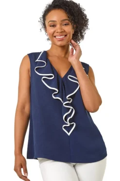 T-Shirts>Roman Navy Petite Contrast V-Neck Frill Front Top