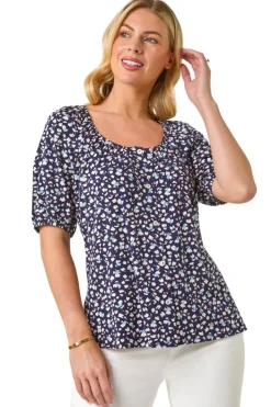 Tops>Roman Navy Petite Ditsy Print Button Front Top
