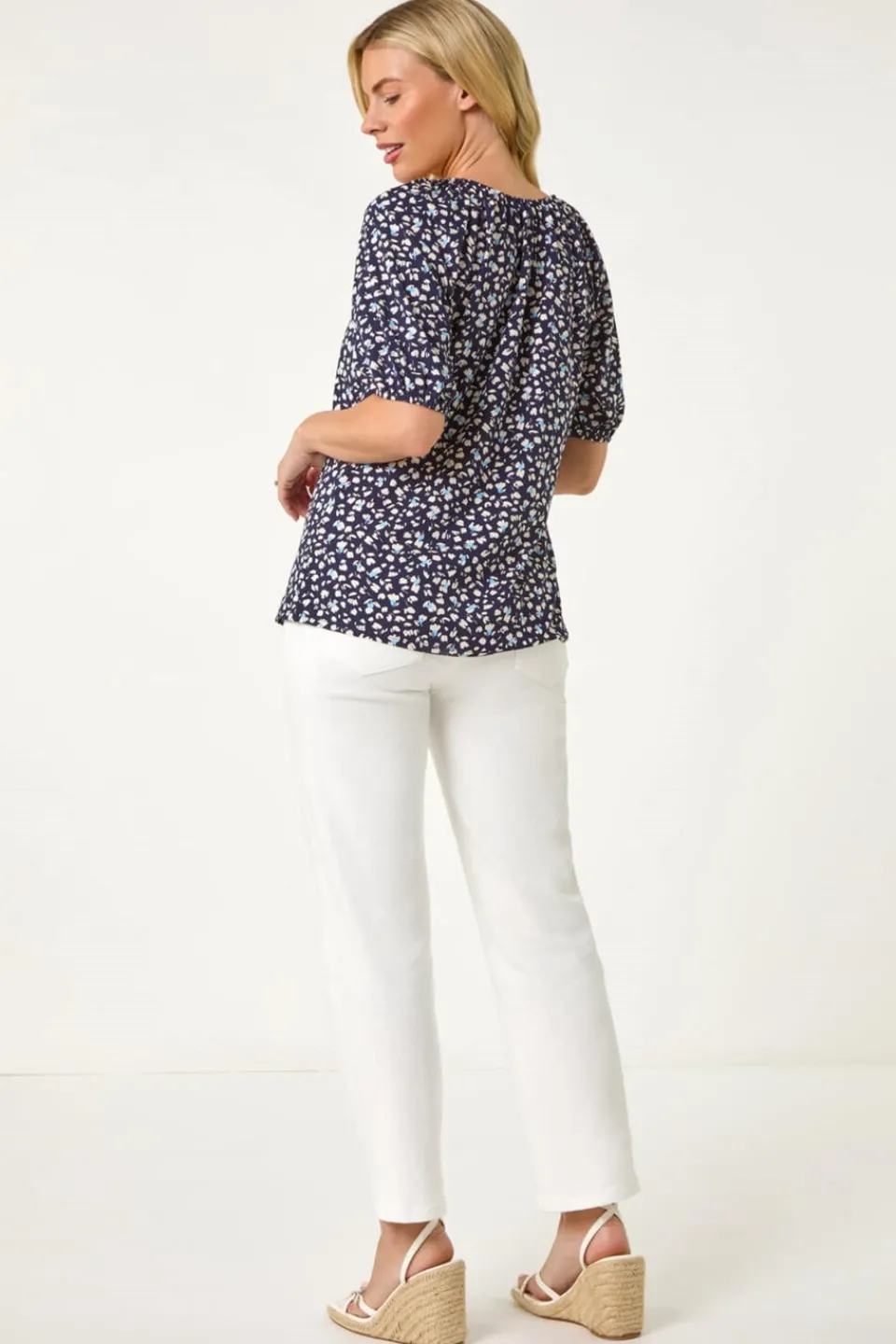 Tops>Roman Navy Petite Ditsy Print Button Front Top