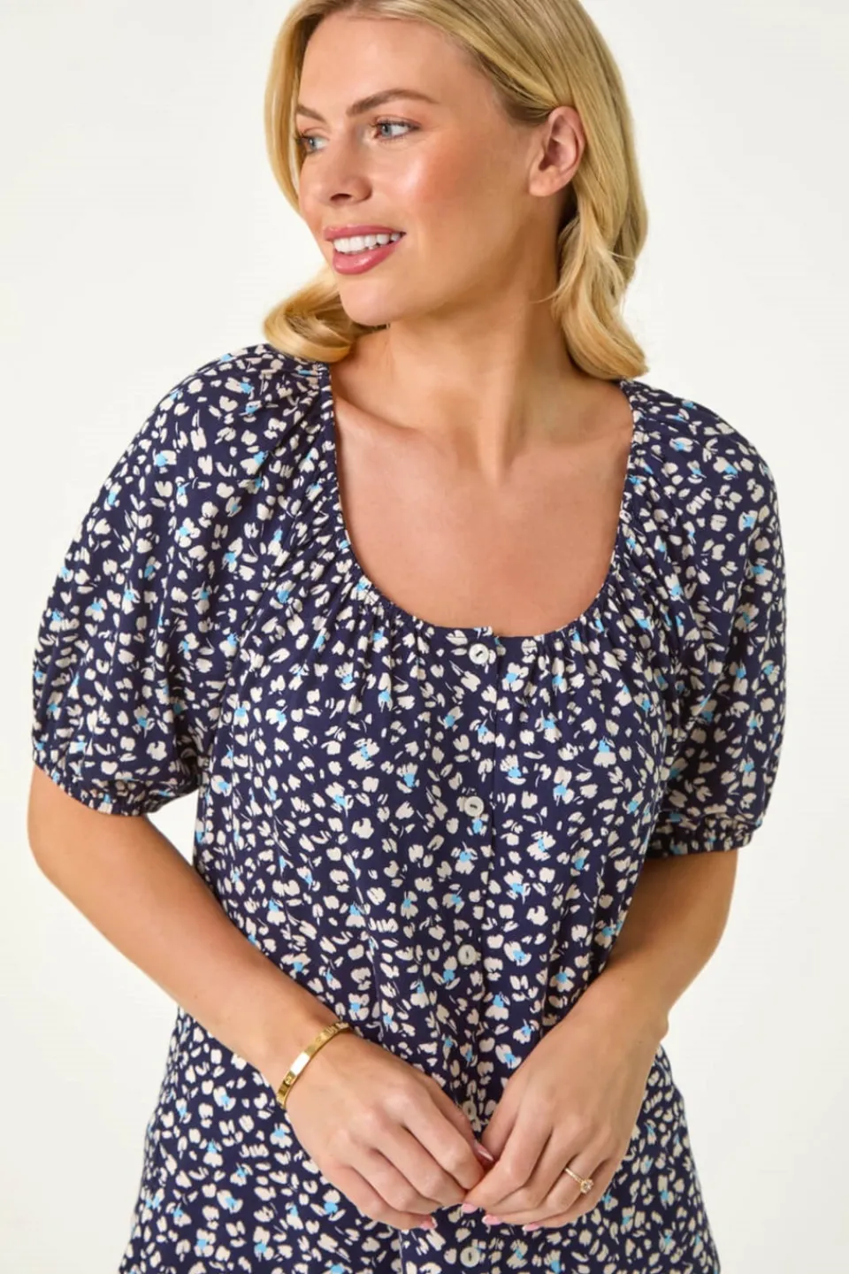 Tops>Roman Navy Petite Ditsy Print Button Front Top