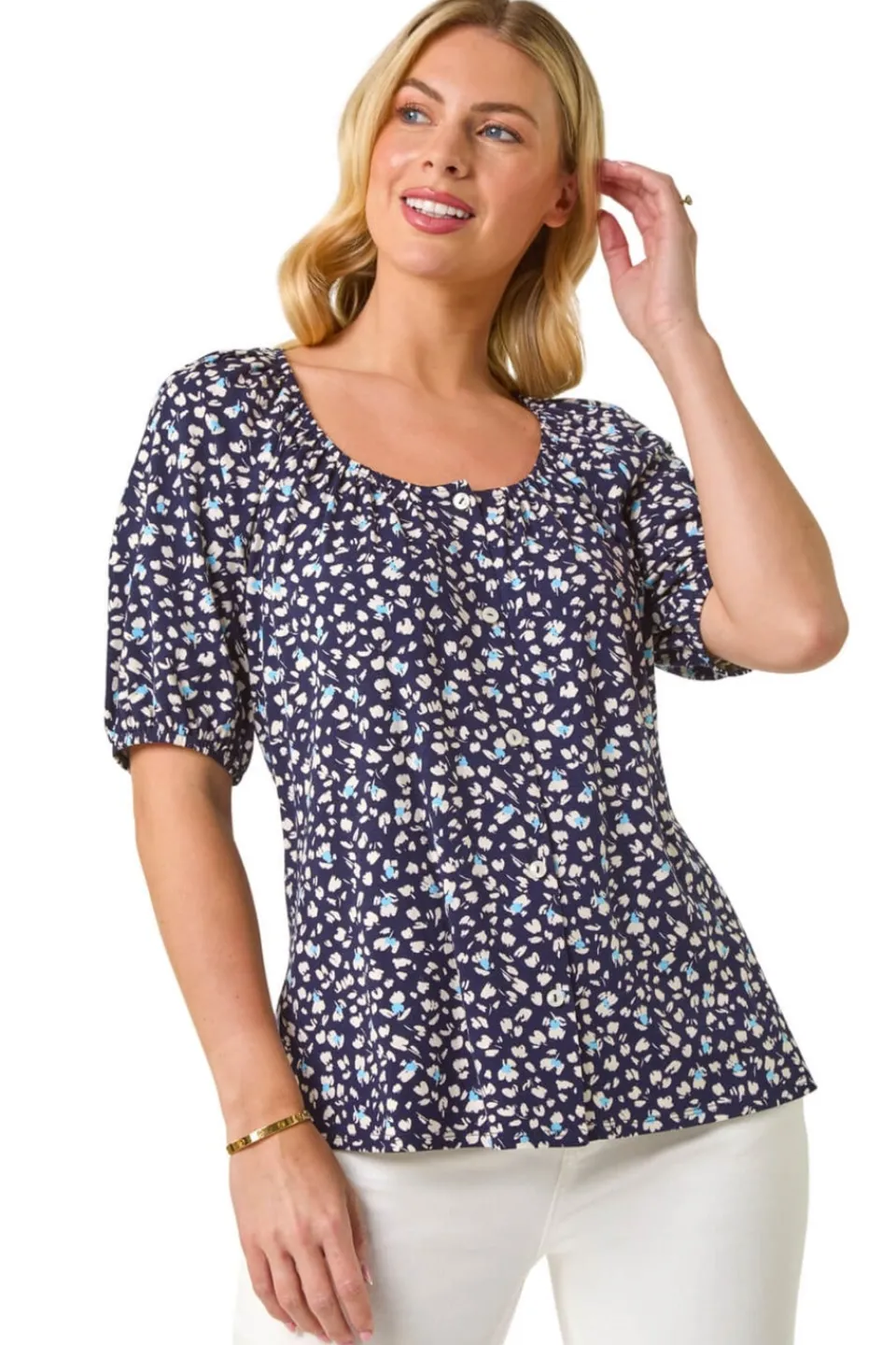 Tops>Roman Navy Petite Ditsy Print Button Front Top