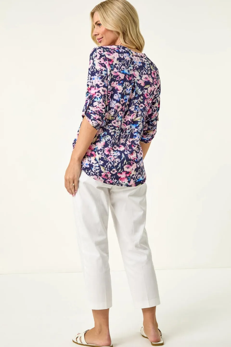 Tops>Roman Navy Petite Floral Print Button Stretch Shirt