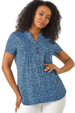Tops>Roman Navy Petite Floral Print V-Neck Stretch Top