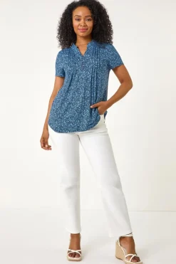 Tops>Roman Navy Petite Floral Print V-Neck Stretch Top