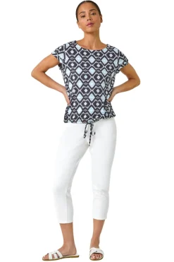 T-Shirts>Roman Navy Petite Geo Print Drawstring Stretch Top