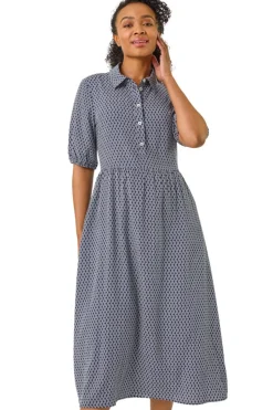 Dresses>Roman Navy Petite Geo Print Button Midi Dress