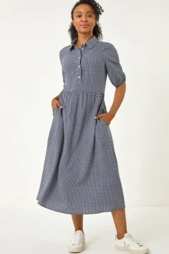 Dresses>Roman Navy Petite Geo Print Button Midi Dress