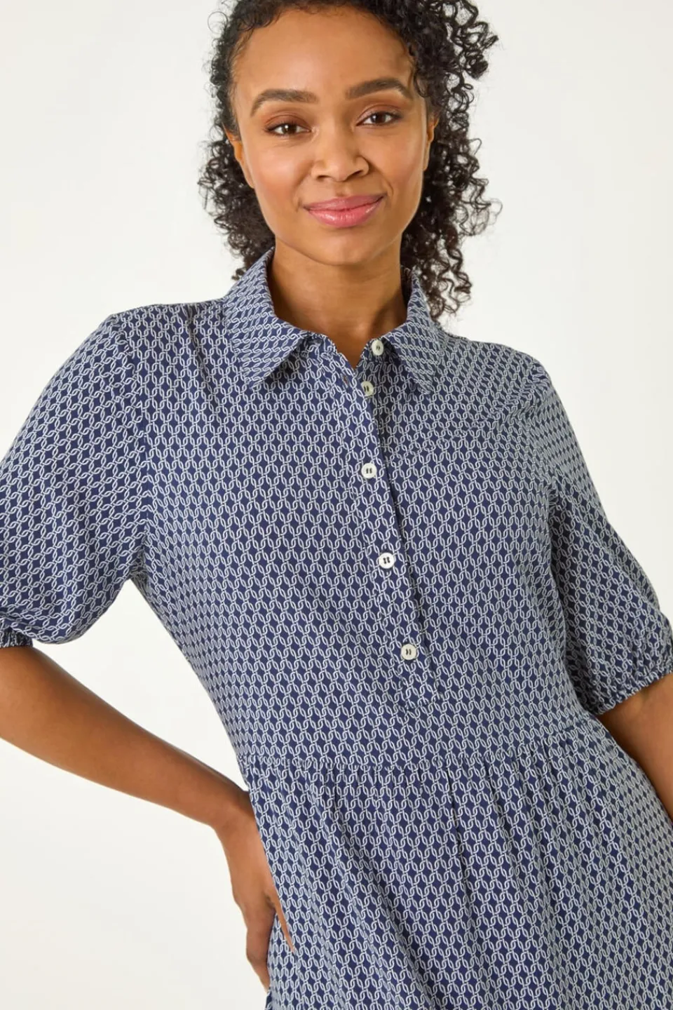 Dresses>Roman Navy Petite Geo Print Button Midi Dress