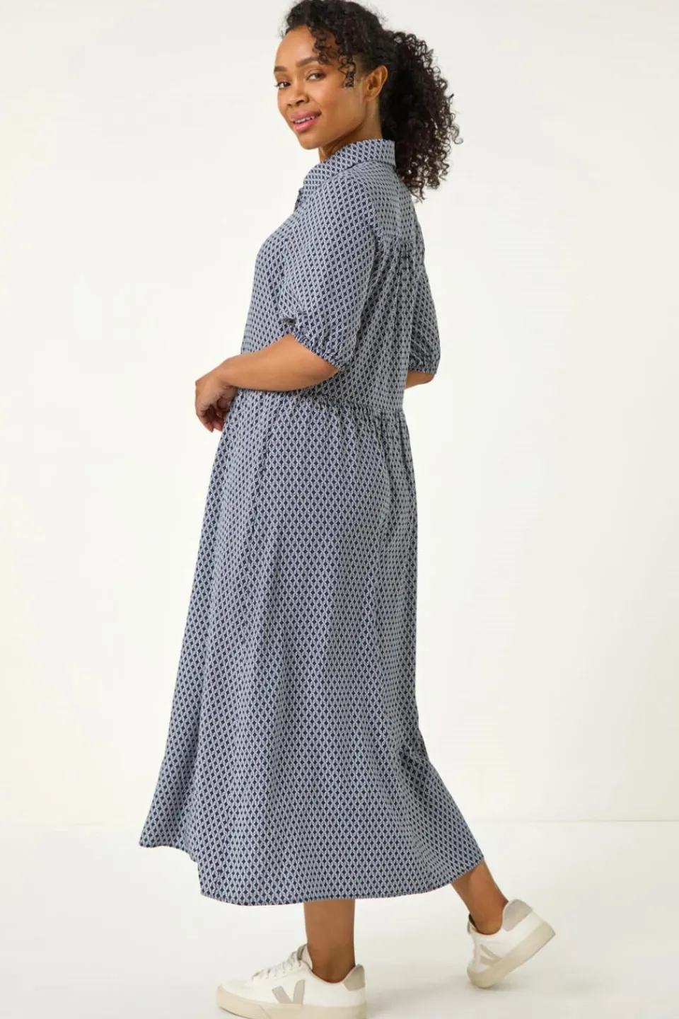 Dresses>Roman Navy Petite Geo Print Button Midi Dress