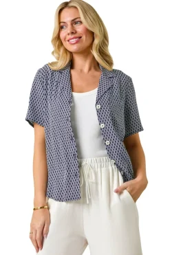 Blouses & Shirts>Roman Navy Petite Geometric Buttoned Blouse