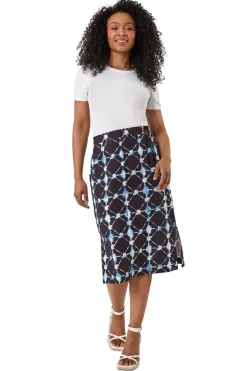 Skirts>Roman Navy Petite Geometric Midi Skirt