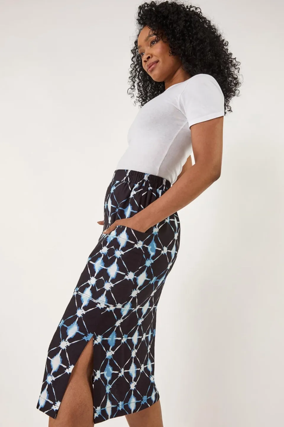 Skirts>Roman Navy Petite Geometric Midi Skirt