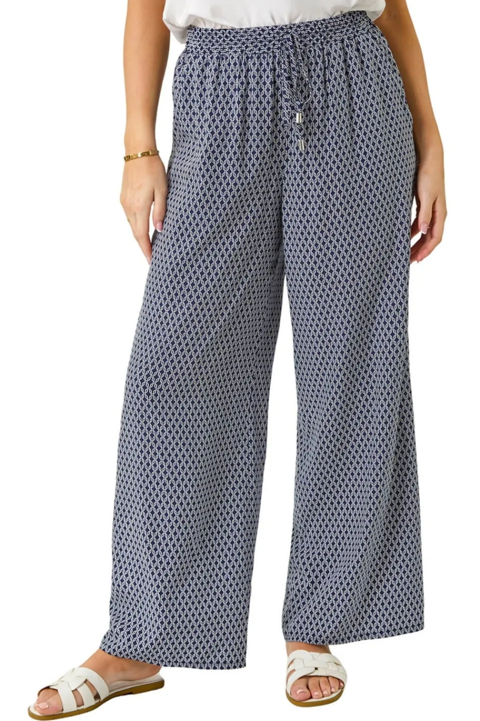 Trousers>Roman Navy Petite Geometric Wide Leg Trouser