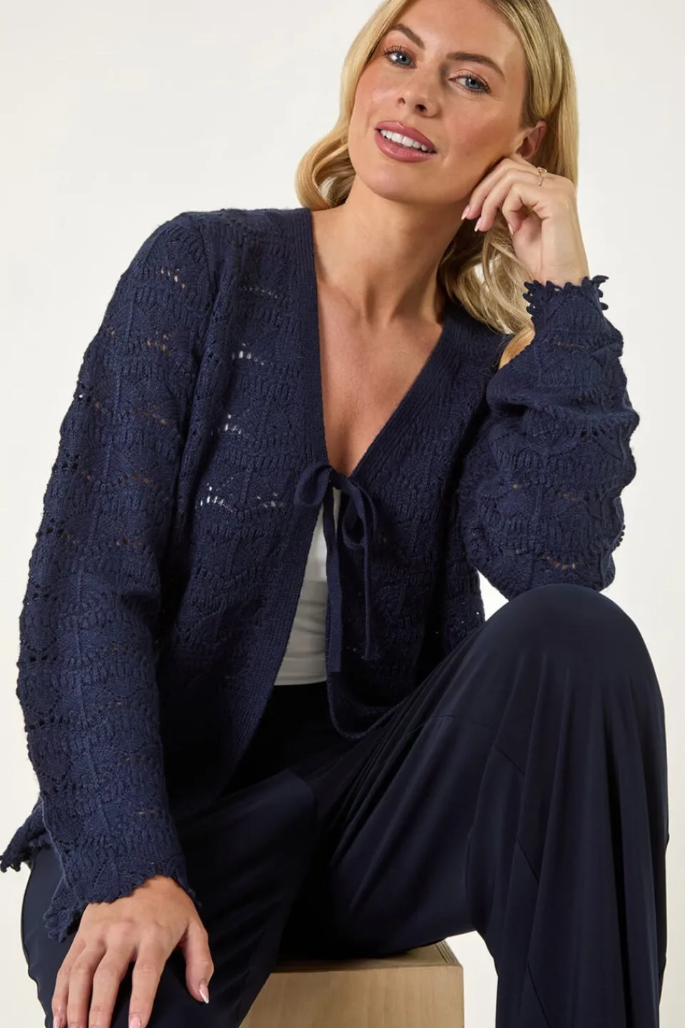 Tops>Roman Petite Knitted Tie Cardigan Navy