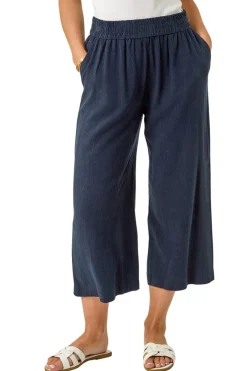 Trousers>Roman Navy Petite Linen Mix Cropped Trouser