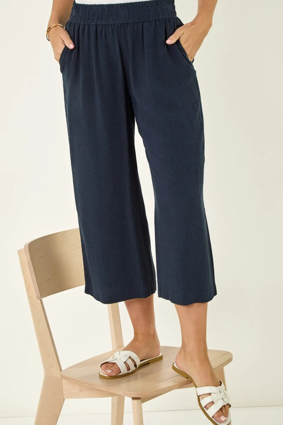 Trousers>Roman Navy Petite Linen Mix Cropped Trouser