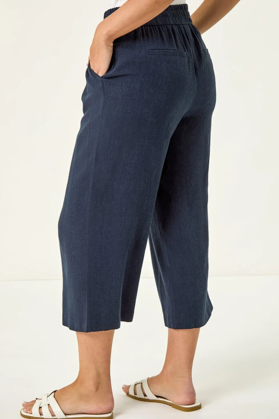 Trousers>Roman Navy Petite Linen Mix Cropped Trouser